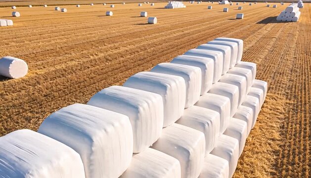 Rows of white wrapped hay bales in a harvested field agricultural storage farm countryside haystacks.