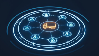 Digital Delivery Network: A cutting-edge conceptual artwork showcasing the interconnectedness of transport and logistics within a futuristic tech landscape.