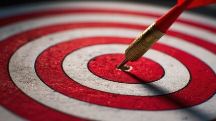 Close-up of an archery target with a single arrow lodged at the bullseye center,