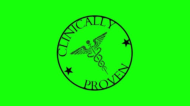 Circular green emblem with caduceus and CLINICALLY PROVEN text&mdash;ideal for medical, health, and pharmaceutical visuals.
