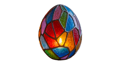 A beautiful decorative egg made of multicolored stained glass pieces in shades of red, blue, green, and orange. A warm candle flame glows from within, illuminating the textured glass and creating a vi