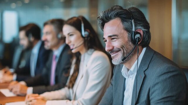 Corporate remote interpretation team coordinating simultaneous translation for an international business meeting using advanced audio equipment in a sleek conference room.