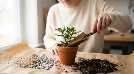 Hand gently patting soil using antique brass trowel for jade plant.