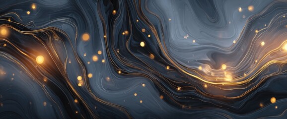 A flowing abstract art piece featuring waves of dark blue and gold, with scattered gold light