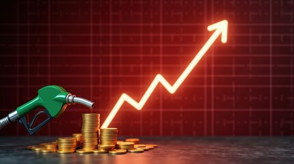 Boquilla de combustible que vierte monedas de oro apiladas y flecha de gráfico ascendente