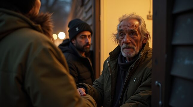 Persona sin hogar que accede a un refugio de emergencia durante el invierno