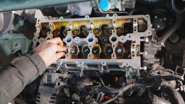 Close-up of engine repairs, parts replacement, maintenance. Workflow at car service center. Mechanic installs hydraulic compensator into cylinder head seat of internal combustion engine.