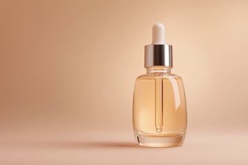 Naklejka premium Photorealistic skincare serum bottle with glass dropper, clear liquid inside, free space for text. Beauty product, anti-aging treatment, cosmetic packaging, luxury item, simple design.