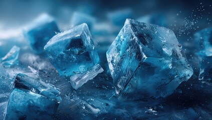 Close-up of translucent, geometric ice cubes scattered on a blurry, icy blue surface