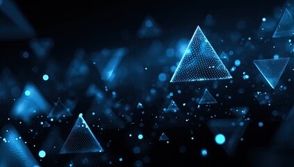 Glowing blue triangles and dots float against a dark backdrop creating a futuristic effect