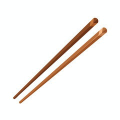 Two brown chopsticks at an angle on a white backdrop, slightly offset from each other