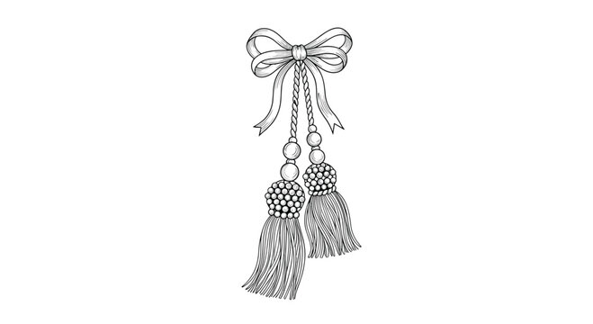 Elegant line art illustration of a decorative tassel hanging from a thin ribbon bow for sophisticated ornamental design.