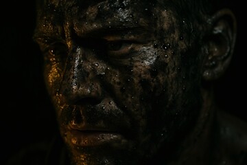 Grimy face of a male worker covered in black dust and sweat droplets, showing hard work and determination