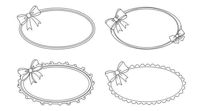 Collection of four different decorative oval frames featuring bows and scalloped edges in a detailed line art.