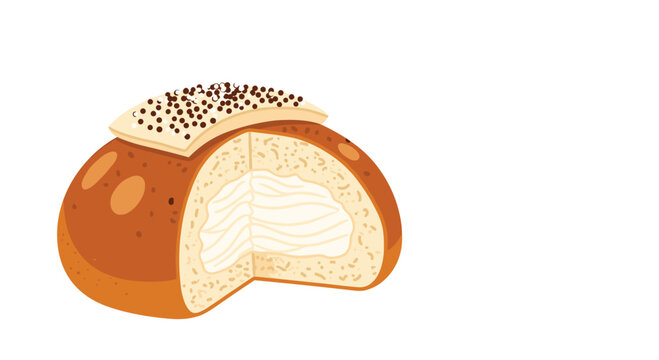 Traditional swedish semla bun filled with almond paste and whipped cream topped with chocolate shavings on white.