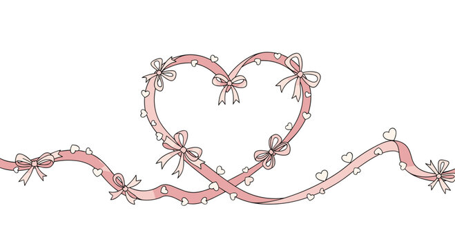 Long pink ribbon winding into a large heart shape adorned with tiny white hearts and multiple decorative bows.
