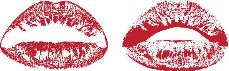 "Red lipstick kiss print illustration. Grunge textured lips imprint with bold romantic style. Perfect for love themes, beauty branding, fashion design, and modern graphic backgrounds."