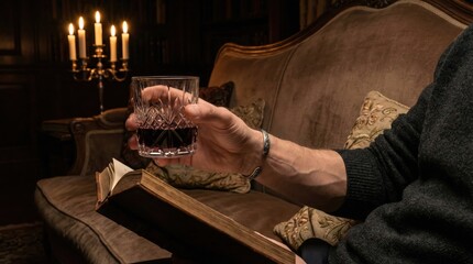 Forearm holding port wine, reading a book by flickering candlelight.