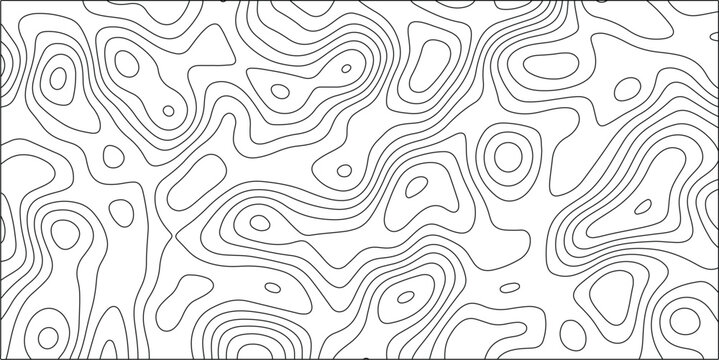 Abstract topographic map contour lines in black and white forming a dynamic, irregular organic pattern across a white background with no shading