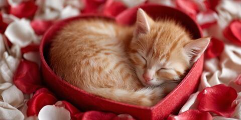 A tiny kitten sleeps curled inside a red heart-shaped gift box. Rose petals and soft fabric add tender romantic sweetness.