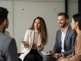 Diverse Business Professionals Engaged in Lively Discussion During Collaborative Office Meeting, Fostering Positive Communication and Teamwork.