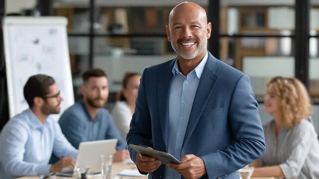 Leadership in Business: A confident leader stands front and center, radiating authority and expertise. The leader's image and positive outlook inspire teamwork and unity.