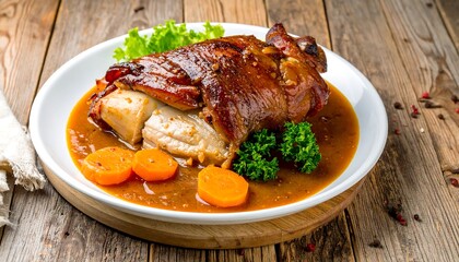 Roasted Pork Knuckle with Vegetables and Gravy on a White Plate.