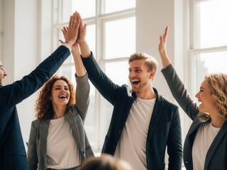 Diverse Business Team Joyfully High-Fiving in a Bright Modern Office, Celebrating Collaborative Success and Achievement Together.