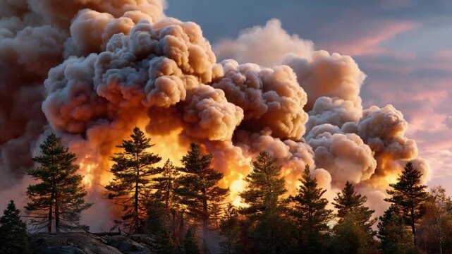 Apocalyptic Cloud: Dramatic view of billowing smoke and flames rising over a forest, hinting at destruction and chaos, framed by a dusky sky.