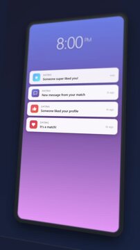 Dating App Push Notifications on Smartphone with New Match Like Message Alert and Love Connection Popup on Lock Screen
