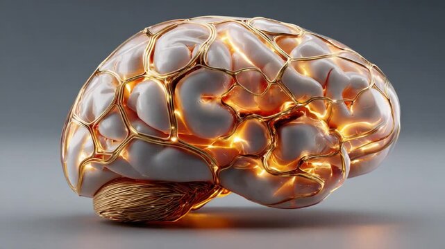 Brain's Golden Threads: Intricate network of golden lines woven through the delicate folds of a human brain, symbolizing the power of thought and creativity.