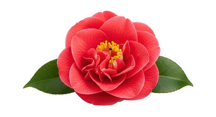 A vibrant red camellia flower with green leaves, of transparent
