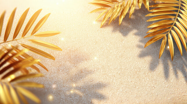 Golden leaf abstrack texture background shimmer on sand surface gentle sunlight glow dreamy holiday vibe
