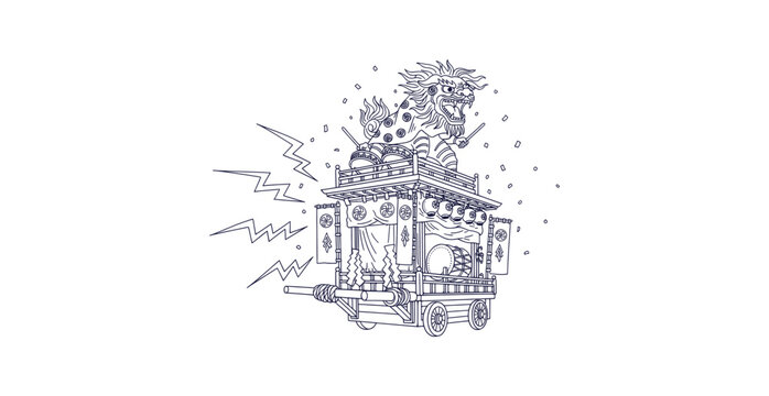 Dynamic Japanese Shishi Lion Dance Festival Float Line Art Vector Illustration