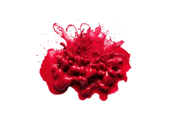 extreme close-up macro photography of a vibrant crimson red abstract watercolor ink blot showing wet-on-wet texture and splatters on white background. concept of spontaneous creativity