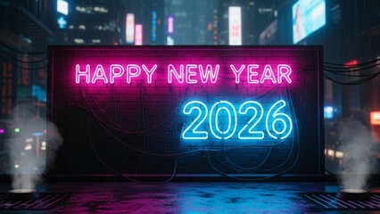 Neon Sign Happy New Year 2026 In Futuristic City At Night image photo