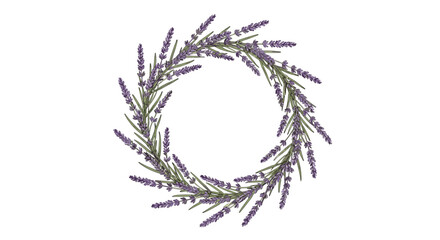 Fototapeta premium Beautiful circular wreath composed of delicate purple lavender flowers and green stems on a clean white background.