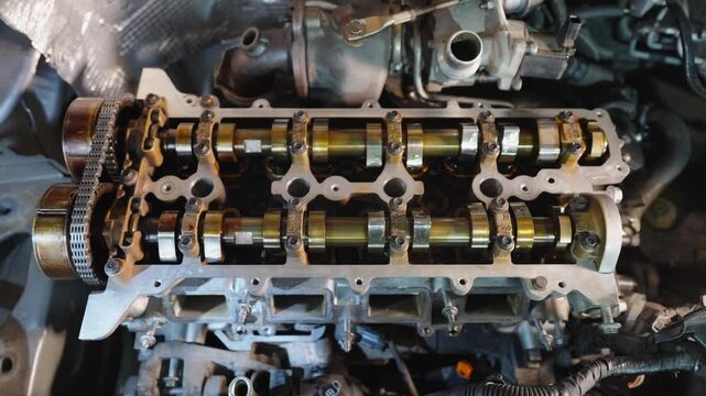 Top view of camshaft and phase shifter gears with chain rotating in engine. Operating principle of valve timing mechanism of internal combustion engine. Disassembled engine without valve cover.