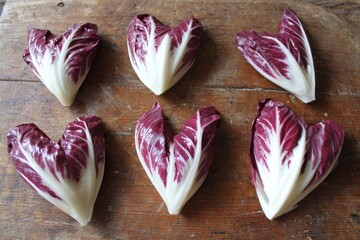 Stuffed radicchio leaves, draped in the shape of a heart