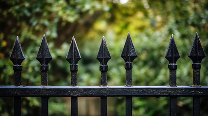 A black metal fence railing with sharp pointed arrowhead tips