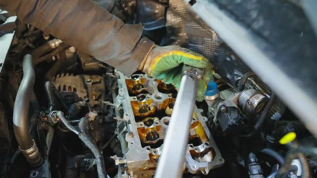 Close-up of mechanic's hands with wrench tightening cylinder head bolts. Process of reassembling engine after major overhaul. Service center specializing in the repair of vehicles.