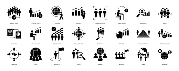 Population icon set. Containing demographic, citizen, group of people, birth rate, residents, census, diversity, community and more. Solid vector icons collection. EPS 10