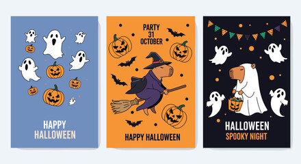 Fototapeta premium Set of three festive Halloween posters featuring ghosts, jack o lanterns, a capybara witch, and a capybara ghost on colorful backgrounds.