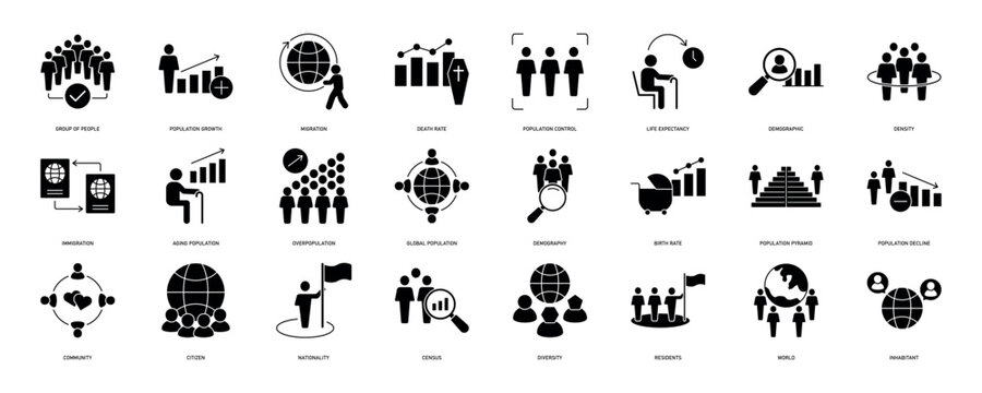Population icon set. Containing demographic, citizen, group of people, birth rate, residents, census, diversity, community and more. Solid vector icons collection. EPS 10