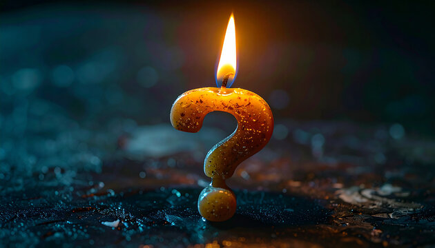 Candle in shape of question mark with burning flame, dark backdrop, moody lighting, mysterious
