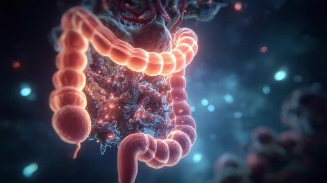 Detailed Visualization of the Human Intestinal System in a Scientific Representation, Showcasing its Complex Structure and Functionality