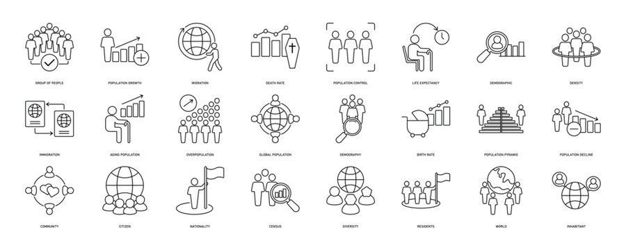 Population icon set. Containing demographic, citizen, group of people, birth rate, residents, census, diversity, community and more. Solid vector icons collection. EPS 10