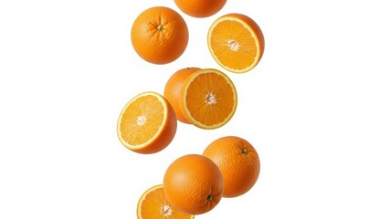 Oranges and orange halves falling against a white background citrus fruit