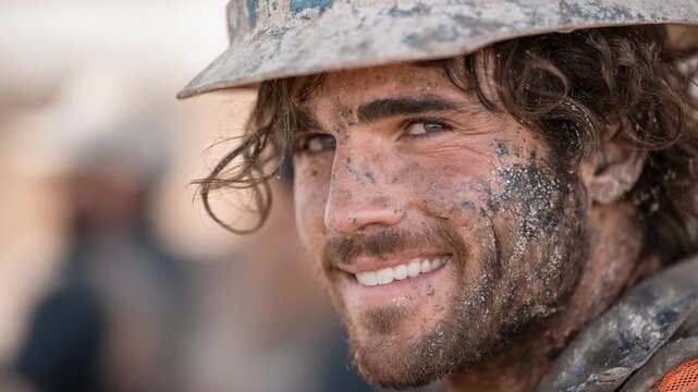 A smiling worker covered in dust and grime showcases determination and resilience in a challenging environment, highlighting the hard work and dedication of laborers everywhere.