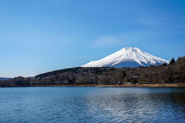 青空に映える雪化粧の富士山と山中湖
